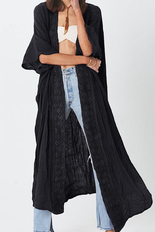 miss sparkling lace trim duster kimono