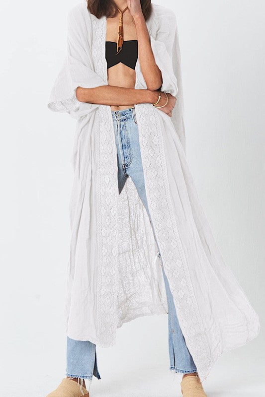 miss sparkling lace trim duster kimono